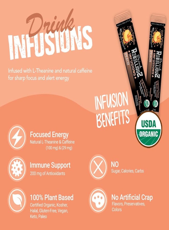 Rebellious Peach Organic Drink Mix – Organic Zero Calorie Energy Drink Mix | Monk Fruit & Green Tea Extract | L-Theanine + Natural Caffeine | 100% Plant-Based | Pack of 10 | Keto, Kosher, Gluten-Free - Image 2